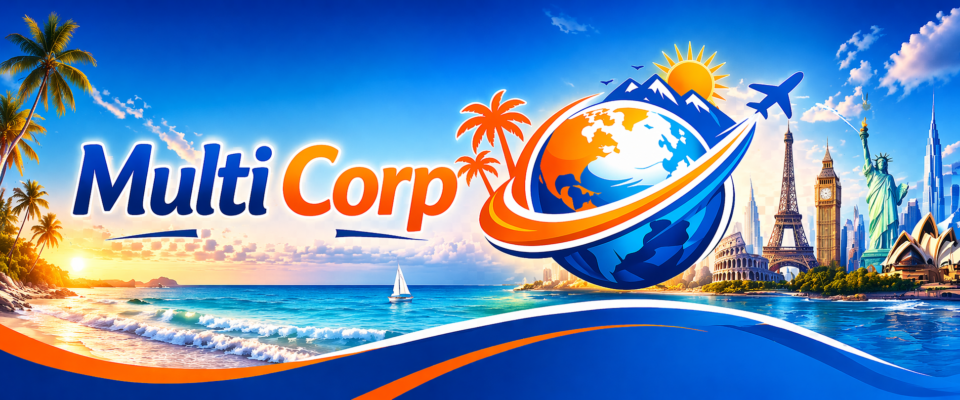 Multi Corp Travel banner with global travel landmarks and ocean view